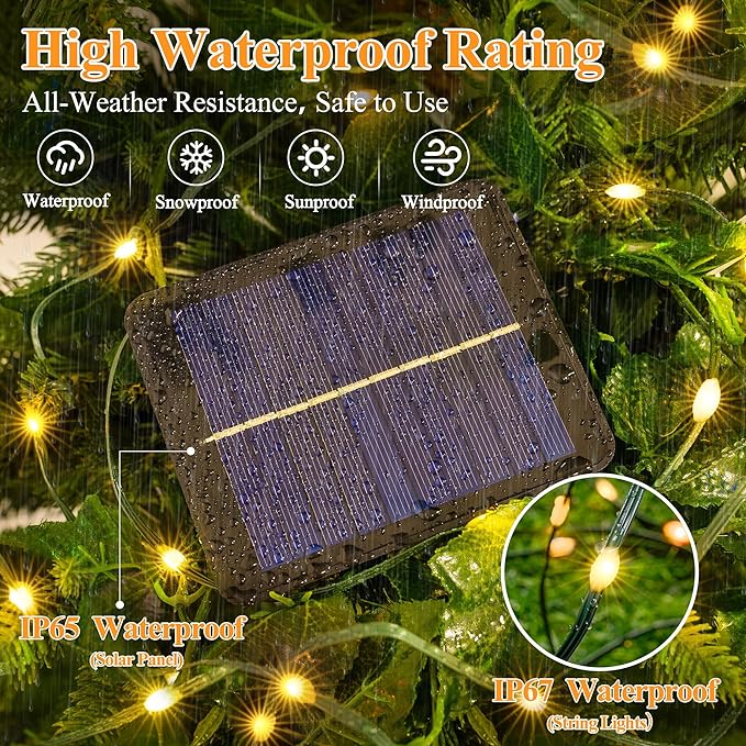2 Pack Solar String Lights Total 600LED 197FT, IP67 Waterproof Solar Lights for Outside with 8 Modes, Fairy Lights for Patio Garden Party Wedding Yard Camping Decorations (Warm White)