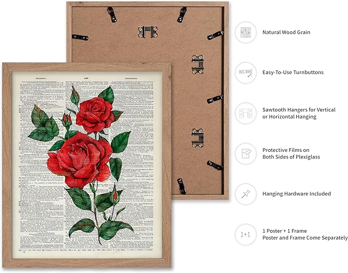 Poster Master Dictionary Art Poster - Red Roses Print - Flower Art - Floral Art - Gift for Men, Women & Florist - Minimal Decor for Living Room, Bedroom, Dorm or Flower Shop, 8x10 Beige Framed