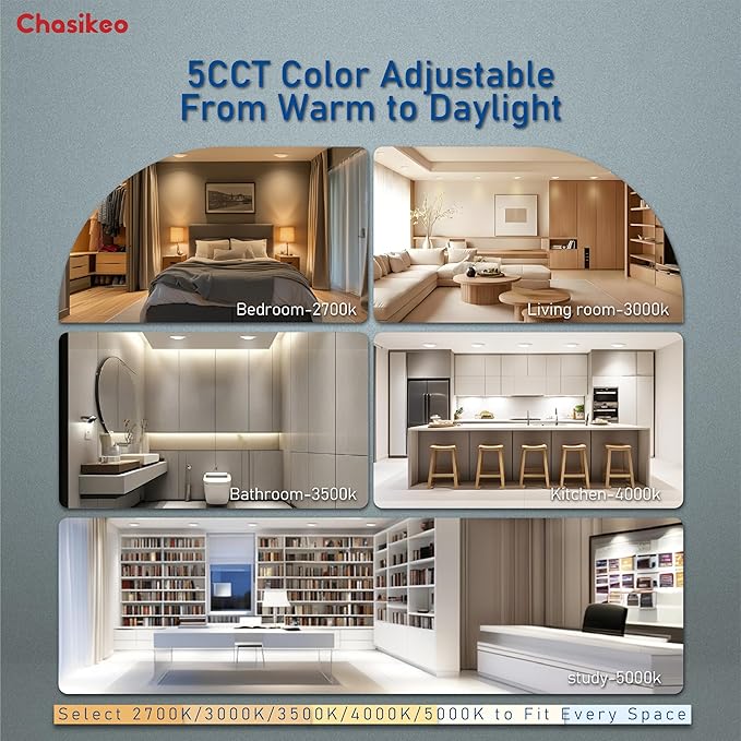 5/6 Inch LED Disk Lights - 5CCT Adjustable (2700K-5000K) Dimmable Flush Mount Disc Light Low Profile Recessed & Surface Mount Ceiling Lights, CRI90+, 14.8W 1150LM, UL/FCC/Energy Star (4 Pack)