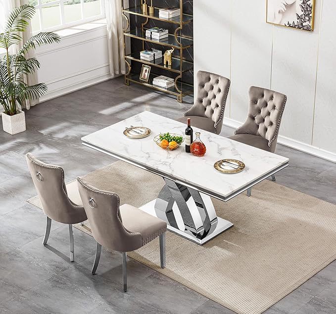 Modern White Marble Dining Table Set for 4,5-Piece Kitchen Table and Chairs for 4,Luxury Silver Dining Room Table Set w/68" Rectangle Dinner Table & 4 Grey Velvet Chairs for Kitchen Dining Room