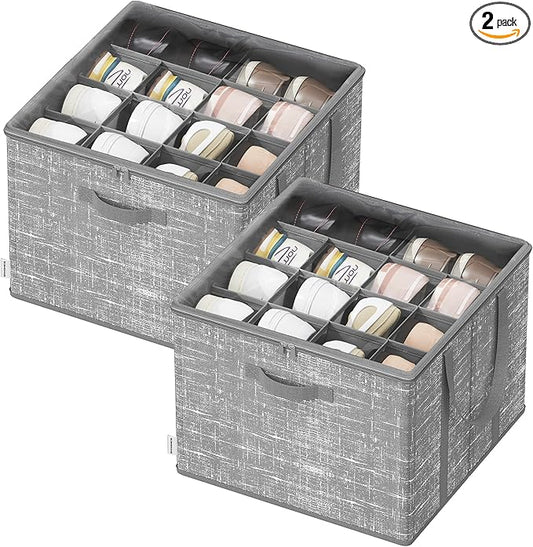 SONGMICS Set of 2 Shoe Organizers for Closet, Fits 16 Pairs Each, Shoe Storage Bins, Fabric Containers with Handles and Clear Cover, for Bedroom, Entryway, Closet, Cattail Gray ULSP602G01