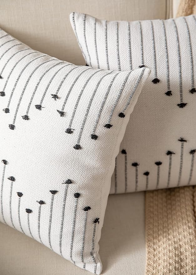 Caflife Boho Throw Pillow Covers 20x20 Set of 2 Decorative Pillows for Bed, Neutral Pillow Covers Beige with Black Line Throw Pillows for Modern Farmhouse Couch Sofa Living Room Outdoor