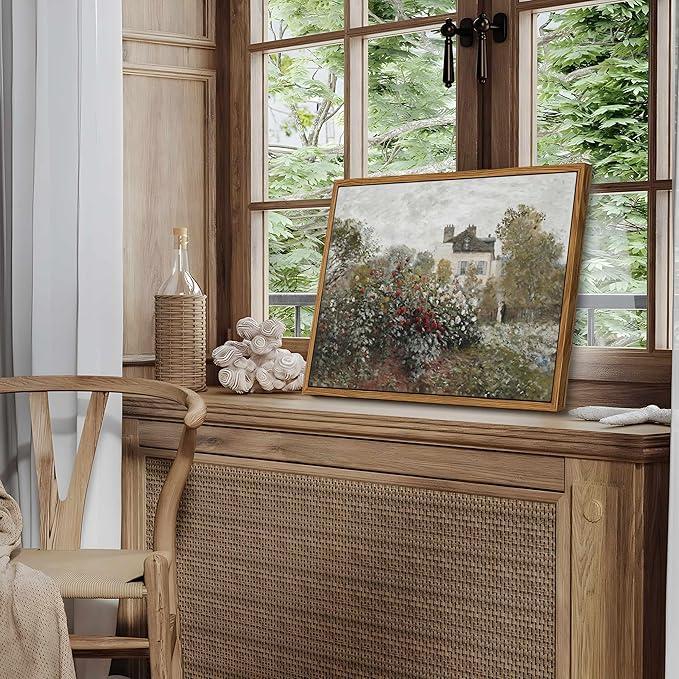 Floating Framed Vintage Monet Canvas Wall Art, Classical Rustic Farmhouse Landscape Wall Decor Paintings, Natural Floral Artwork Pictures Posters Prints for Living Room Bedroom 12x16 inch