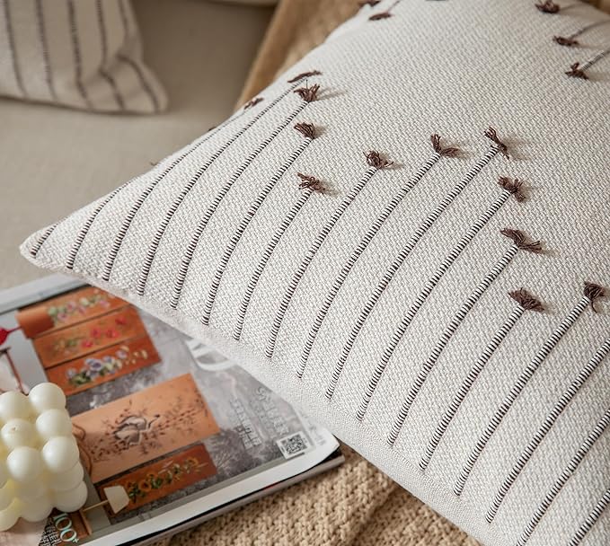 Boho Throw Pillow Covers 20x20 Set of 2 Decorative Pillows for Bed, Neutral Pillow Covers Beige with Coffee Line Throw Pillows for Modern Farmhouse Couch Sofa Living Room Outdoor