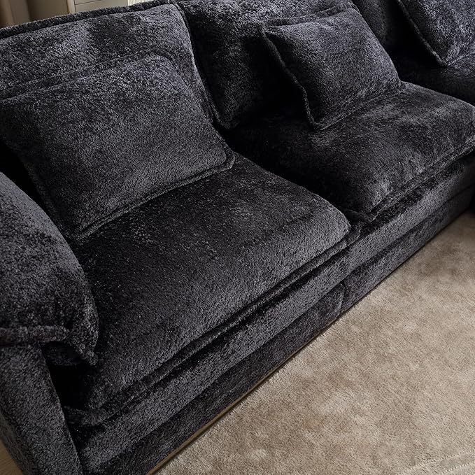 KEIKI 112" L-Shaped Chenille Modular Sectional Chenille Sofa with 1 Movable Ottoman & Memory Foam Cushion, Upholstered Oversized 4-Seater Couch, Easy Assembly, for Apartment, Living Room, Black