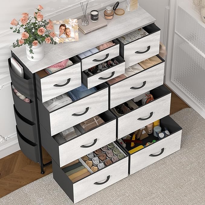 Lulive 10 Drawers Dresser for Bedroom, Chest of Drawers with Side Pockets and Hooks, PU Storage Dresser, Organizer Unit for Living Room, Hallway, Closet (Oakl)