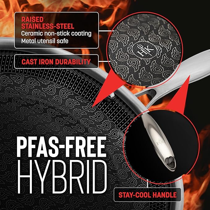 Hell's Kitchen Hybrid 5 Pc Cookware Set, Tri-Clad Stainless Steel and Nonstick Ceramic, PFAS Free, no PFOA, no PTFE, no Teflon, Non Toxic Cookware, Metal Utensil Safe, All Cooktops and Oven Safe