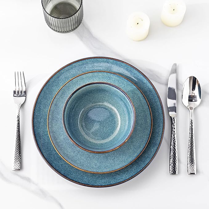 AmorArc Ceramic Dinnerware Sets for 6, 18 Pieces Handpainted Plates and Bowls Set, Scratch Resistant Stoneware Dishes Set, Dishwasher & Microwave Safe, Ceylon Blue