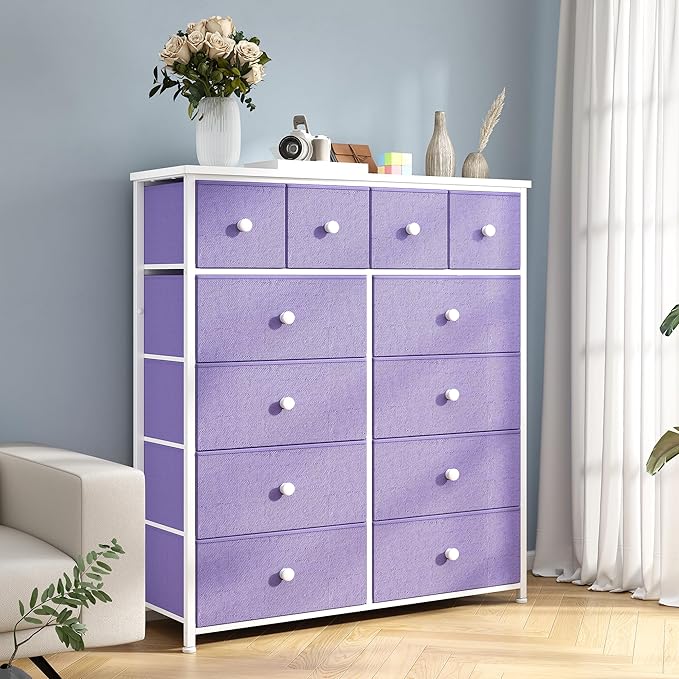 Dresser for Bedroom with 12 Drawers Tall Dressers for Bedroom Fabric Dressers & Chest of Drawers with Sturdy Metal Frame, Wood Top, for Woman, Closet, 40.6" W x 11.8" D x 44.5" H (Purple)