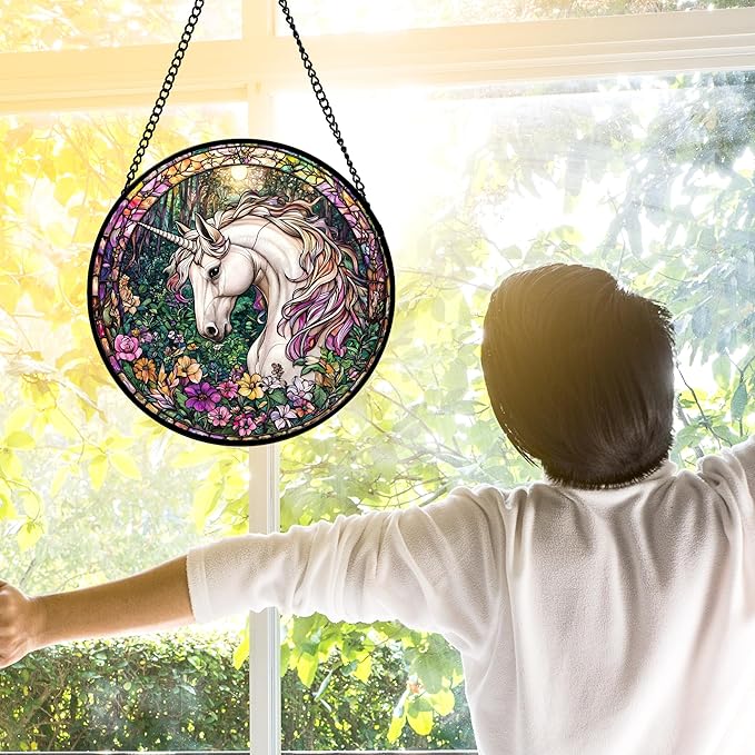 Stained Glass Window Hanging, Unicorn Flowers Suncatcher for Doors Home Sun Catchers Decoration and Christmas, Mother's Day Birthday Gifts for Women, Men, and Mom 7.8 in