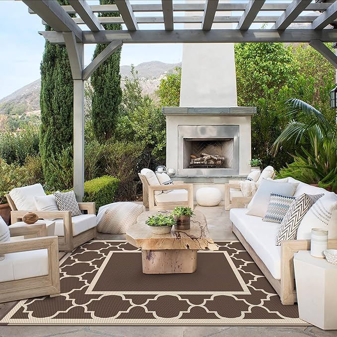 GENIMO Outdoor Rug 8' x 10' Patio Waterproof, Foldable Reversible Plastic Straw Area Rugs Mat for Camper Decor, Outside Carpet for Rv, Deck, Porch, Picnic, Beach, Balcony, Coffee & Beige