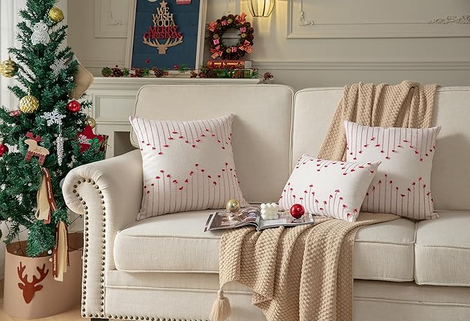 Caflife Boho Christmas Throw Pillow Covers 20x20 Set of 2, Holiday Christmas Decorative Pillow Covers Beige with Red Line for Modern Farmhouse Couch Sofa Bedroom Living Room Outdoor