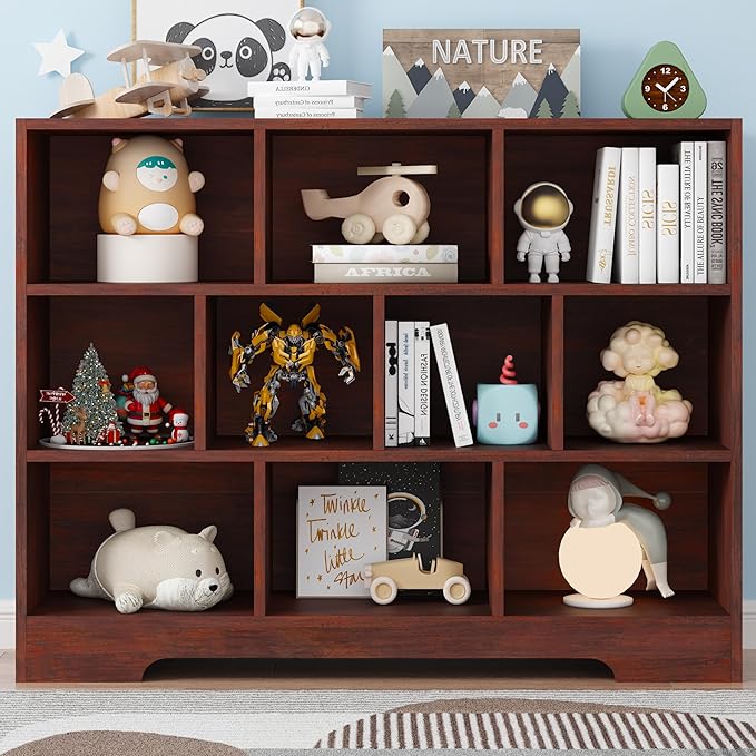 Book Shelf for Kids, 10 Cubes Storage Organizer Montessori Bookshelf, 3-Tier Wooden Kids Bookcase, Toy Storage Organizer for Children, Cherry Toddler Bookshelf Cube Shelf for Kid’s Room, Classroom