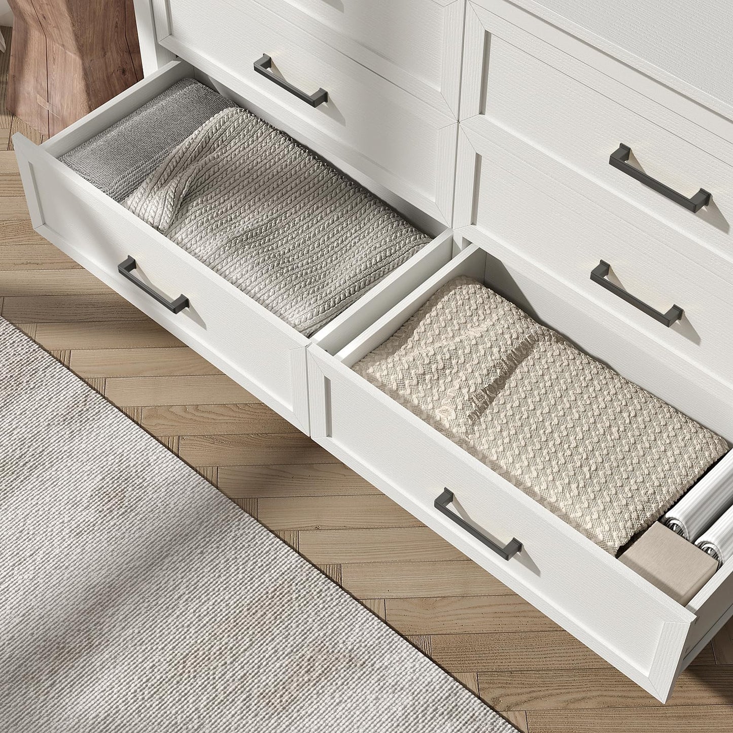 BAZELOR Farmhouse White 6 Drawers Dresser for Bedroom, Wood Rustic Wide Chest with Natural Texture, Storage Dressers Organizer for Bedroom, Hallway, Entryway