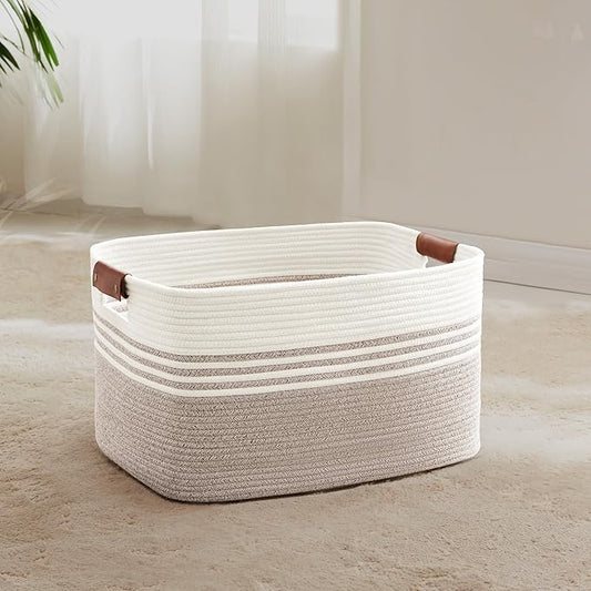 Laundry basket with leather handles for clothes,blankets,pillows,toys,towels,suitable for bedrooms and living rooms,cotton woven laundry hamper,extra large gift basket,18"x14"x11",Brown