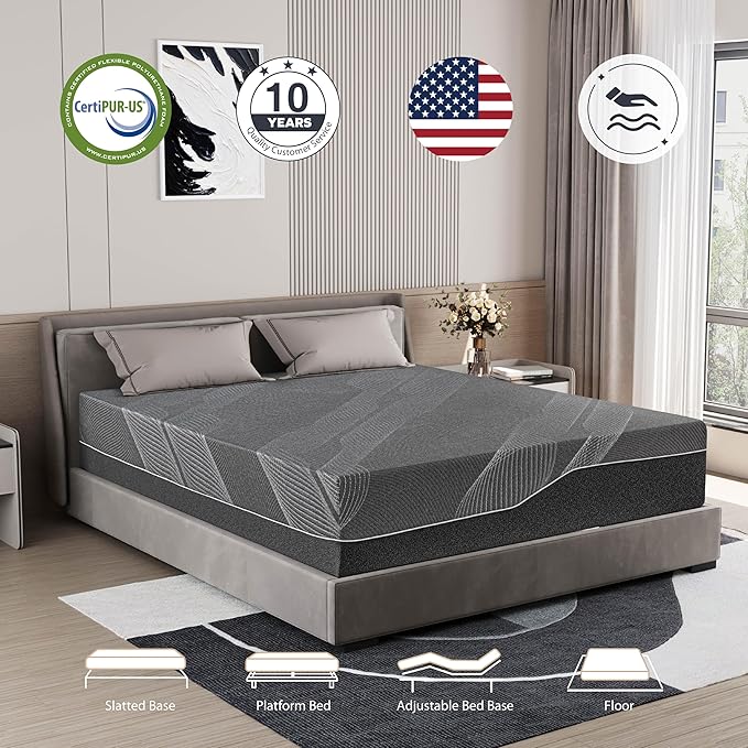 Twin XL Mattress 14 Inch Charcoal Gel Memory Foam in a Box, CertiPUR-US Certified Fiberglass Free, Cooling Mattress, Made in The USA of US Foam, 80" × 38" × 14", Medium