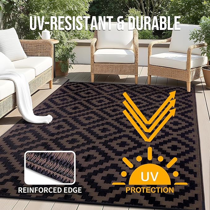 OLANLY Waterproof Outdoor Rug 6x9 ft, Outdoor Plastic Straw Rug for Camping, RV Mat Outside, Outdoor Carpet for Porch, Deck, Backyard, Balcony, Picnic, Black & Brown