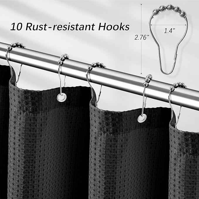 Black Fabric Shower Curtain for Bathroom Stall, 60 inch Waffle Weave Machine Washable Waterproof 256GSM Heavy Duty Weighted Bath Curtain Set with 10 Metal Hooks, 60Wx72H