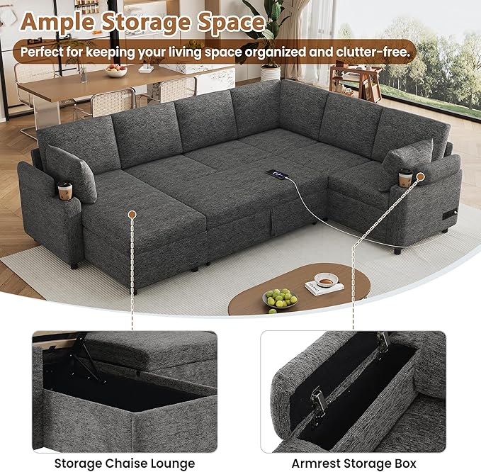 Ball & Cast 109.9" Sectional Sofa with Pull Out Bed, Chenille Upholstered Sleeper Sofa bed with Storage Chaise, Convertible U Shaped Couch with Two Cup Holders and Charging Ports for Living Room, Grey