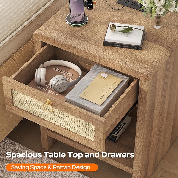 Rattan Nightstand Set of 2, Nightstand with Charging Station, Boho Bedside Table End Table with Drawer and Storage Shelf, Wood End Table Night Stand for Bedroom, Small Space, Natural Oak