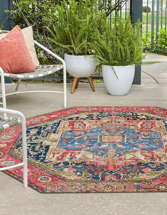 Unique Loom Outdoor Traditional Collection Area Rug - Limon (5' 3" Octagon Multi/Red)