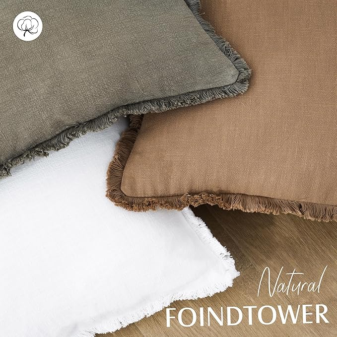 Foindtower Set of 2 Decorative Linen Fringe Throw Pillow Covers Cozy Boho Farmhouse Cushion Cover with Tassels Soft Accent Pillowcase for Couch Sofa Bed Living Room Home Decor, 22×22 Inch, Khaki Brown