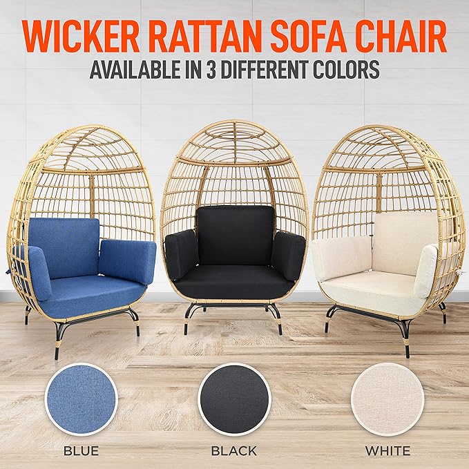 SereneLife Jovial Wicker Rattan Egg Chair,Indoor Outdoor Black Sofa Chair for Patio Backyard and Living Room with 4 Cushions and Powder Coated Steel Frame,Woven Texture Contemporary Ribbed Back Design