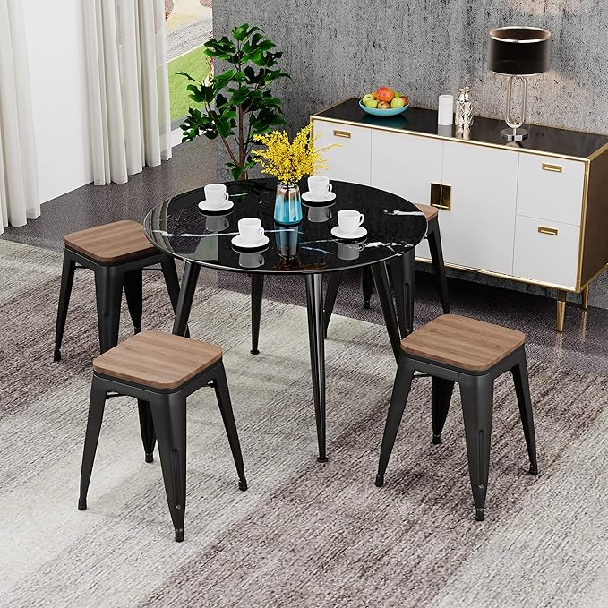 Andeworld 18 Inch Stools Set of 4,Industrial Metal Dining Chair with Wooden Seat,Short Kitchen Bar Stools Stackable Stools for School,Classroom, Matte Black