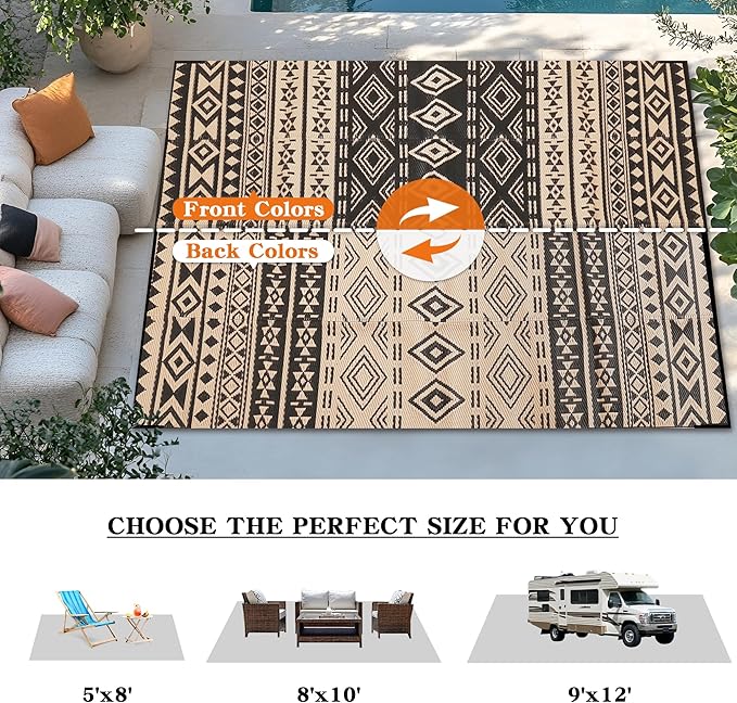 Wallona Outdoor Rugs 9x12 ft Patio Waterproof Clearance Indoor Outdoor Large Carpet for Patio Plastic Straw Reversible Area Rugs Mat for RV, Camping, Balcony, Beach, Picnic, Porch, Boho Black & Beige