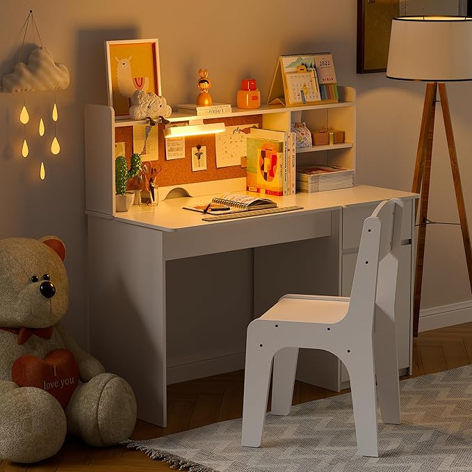 PakaLife Kids Study Desk and Chair Set,ChildrenTable with 3-Color Lights(Not Rechargeable),Tiltable Desktop,Multi Functional for Kids 5-12,Storage Wooden Student Writing Desk with Hutch for Bedroom
