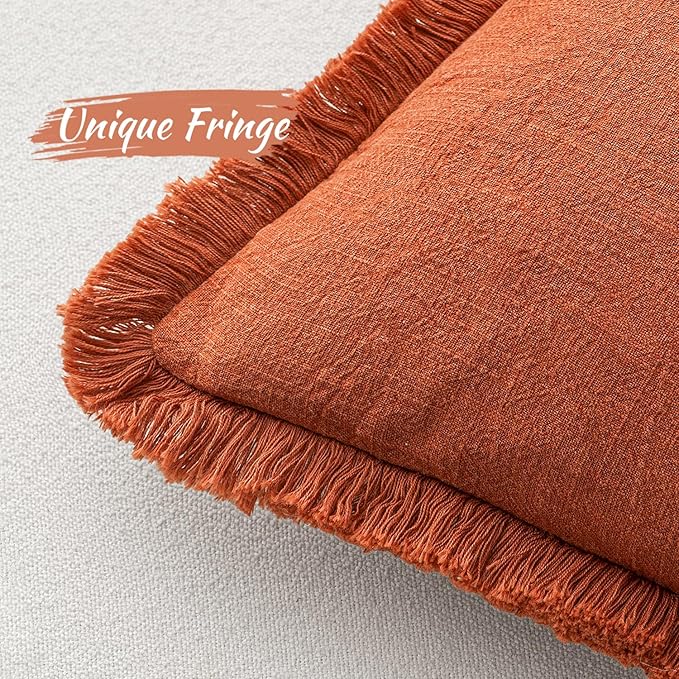 MIULEE Fall Decorative Throw Pillow Covers Neutral Linen Fringe Throw Pillows Set of 2 Burnt Orange Boho Farmhouse Cushion Covers with Tassels for Couch Sofa Bed Living Room Home Decor 20x20 Inch