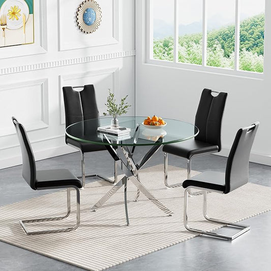 Goujxcy 5 Pieces Round Dining Table Set for 4, Modern Silver Glass Kitchen Table and Chairs for 4 with Upholstered Chairs, Circle Coffee Dining Table Set for Small Space,Apartment,Office