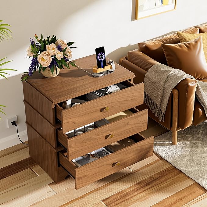 3 Drawer Nightstand with Charging Station,24" Farmhouse Night Stand & Modern Bedside Table, Wood End Table Storage Cabinet for Bedroom,Hallway,Entryway,Brown Set of 2