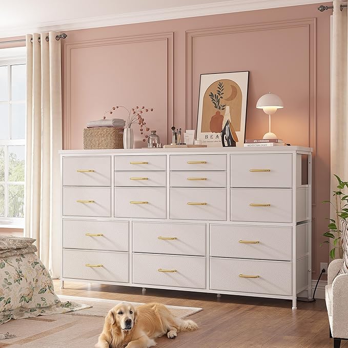 EnHomee Dressser for Bedroom Dresser with 16 Drawers TV Stand for Bedroom for 60" TV Long Dressers & Chests of Drawers Large Dresser with Charging Station, 51.5" W*11.7" D*34.6" H, White