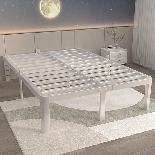 ITIMIDI 14 Inch White Queen Bed Frame with Round Corner Legs, Metal White Queen Platform Bed Frames, Storage Space, No Box Spring Needed, Heavy Duty Steel Support 3500 LBS, Noiseless, Easy Assembly