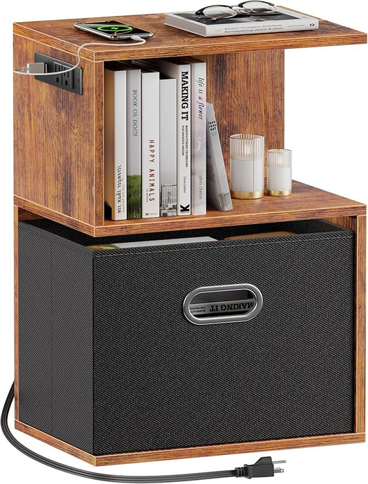 Furologee Nightstand with Charging Station and Drawer, 3 Tier End Table with Open Shelf, Wood S Shaped Bedside Table with Storage for Living Room/Bedroom/Small Space, Rustic Brown