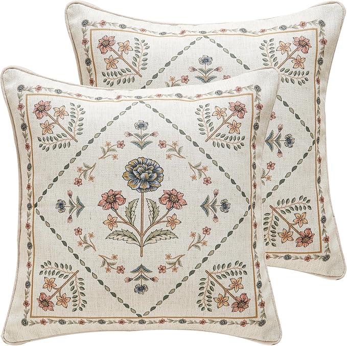 Design Square Floral Linen Throw Pillow Covers 18"x18" Pack of 2, Yellow Pink Flower Pattern Cushion Covers Decor Pillowcases for Bed,Living Room,Outdoor,Car