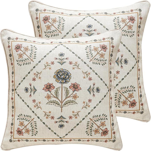 Design Square Floral Linen Throw Pillow Covers 18"x18" Pack of 2, Yellow Pink Flower Pattern Cushion Covers Decor Pillowcases for Bed,Living Room,Outdoor,Car