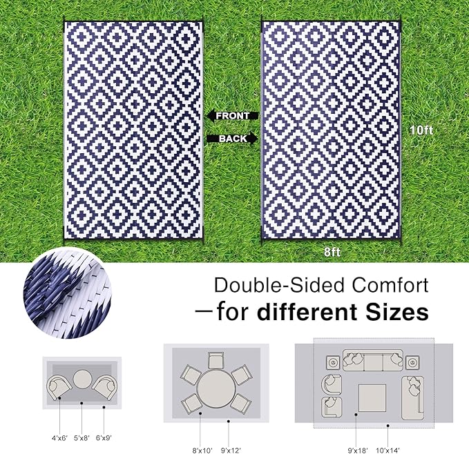 OLANLY Waterproof Outdoor Rug 8x10 ft, Outdoor Plastic Straw Rug for Camping, RV Mat Outside, Indoor Outdoor Carpet for Porch, Deck, Backyard, Balcony, Picnic, Navy & White