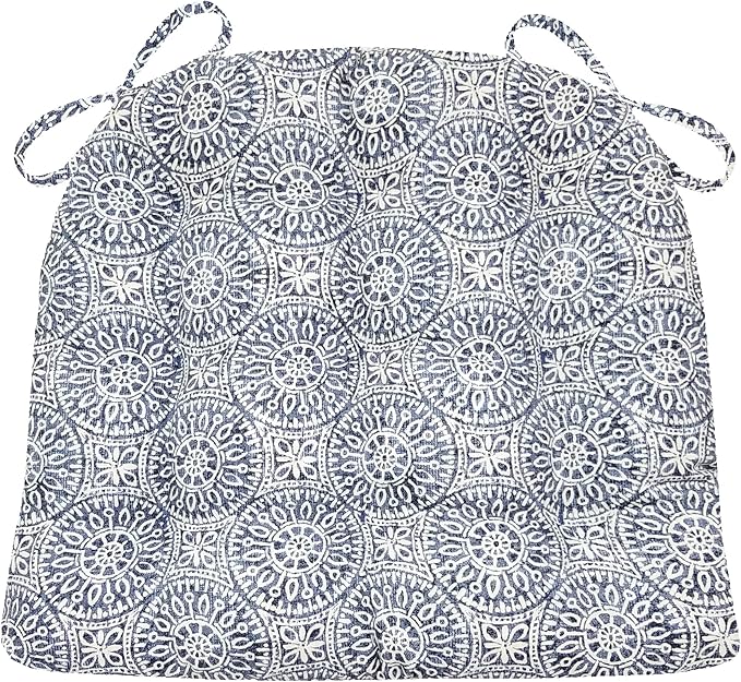 Barnett Home Decor Tibet Blue Dining Chair Pad with Ties - 19 x 19 Size Large Chair Cushion - Latex Foam Fill - Machine Washable, 100% Cotton, Made in USA (Navy Mandalas)