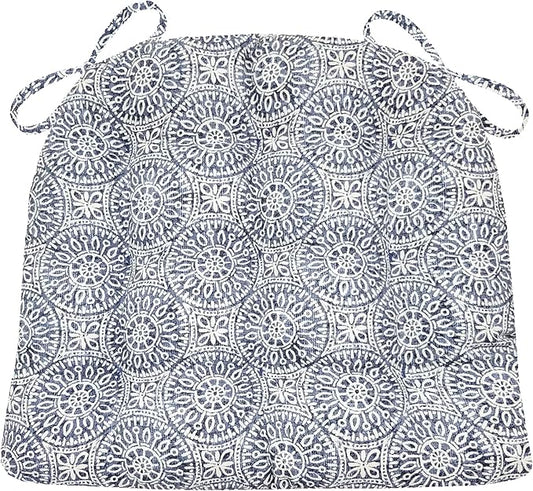 Barnett Home Decor Tibet Blue Dining Chair Pad with Ties - 19 x 19 Size Large Chair Cushion - Latex Foam Fill - Machine Washable, 100% Cotton, Made in USA (Navy Mandalas)
