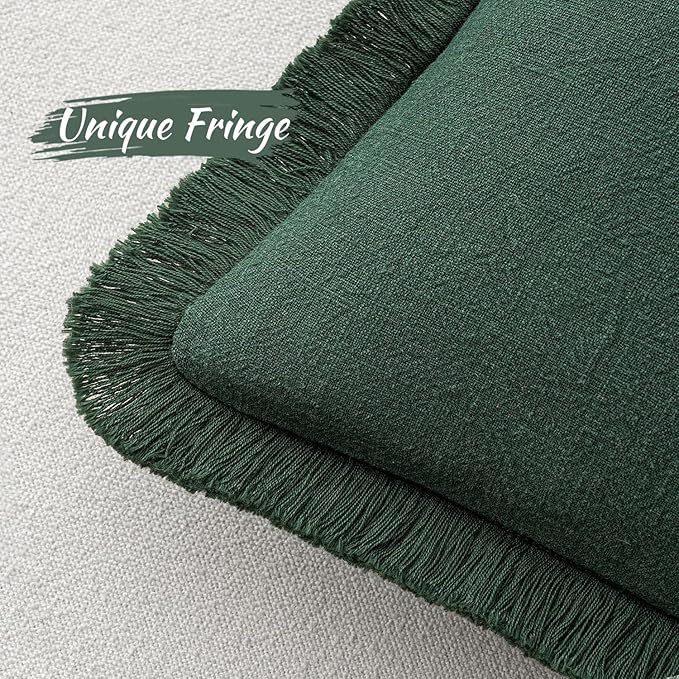 MIULEE Decorative Throw Pillow Covers Neutral Linen Fringe Throw Pillows Set of 2 Army Green Boho Farmhouse Cushion Covers with Tassels for Couch Sofa Bed Living Room Spring Home Decor 20x20 Inch