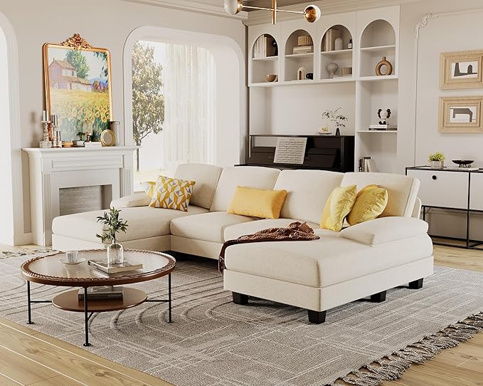 Furmax Sectional Couches for Living Room, U-Shaped Sofa Couch with Linen Fabric, 4 Seat Sofa Set with Double Chaise for Apartment (Fabric, White)