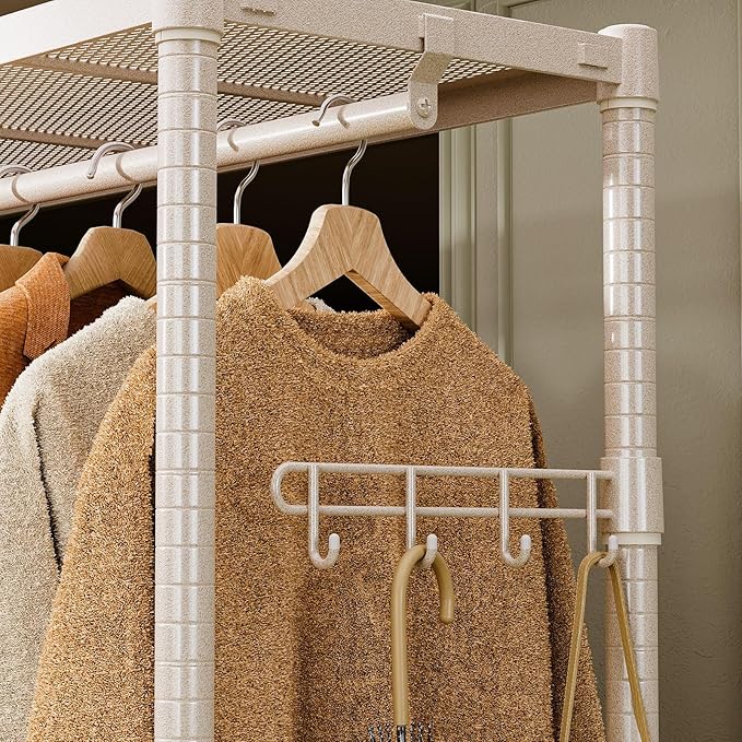 IZEUK Heavy Duty Clothing Rack with Wheels, Rolling Closet Organizer and Garment Rack for Hanging Clothes with 1 Hang Rods & Side Hooks, Metal Wardrobe, 17.7" D x 33.5" W x 70.3" H, Gold