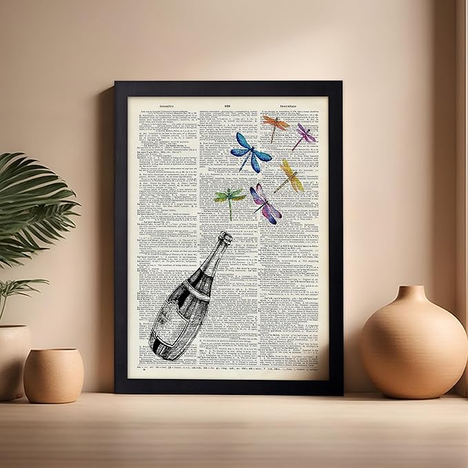 Poster Master Dictionary Art Poster - Champagne Bottle Print - Dragonfly Art - Alcohol Art - Gift for Men, Women & Bartender - Great Decor for Bar, Kitchen or Restaurant, 16x20 Black Framed