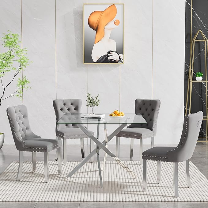 Goujxcy Glass Dining Table Set for 4, Modern Kitchen Table and Chairs Set of 4, 5-Piece Kitchen Dining Room Table Set w/36 Square Silver Glass Dining Table and 4 Grey Velvet Upholstered Chairs