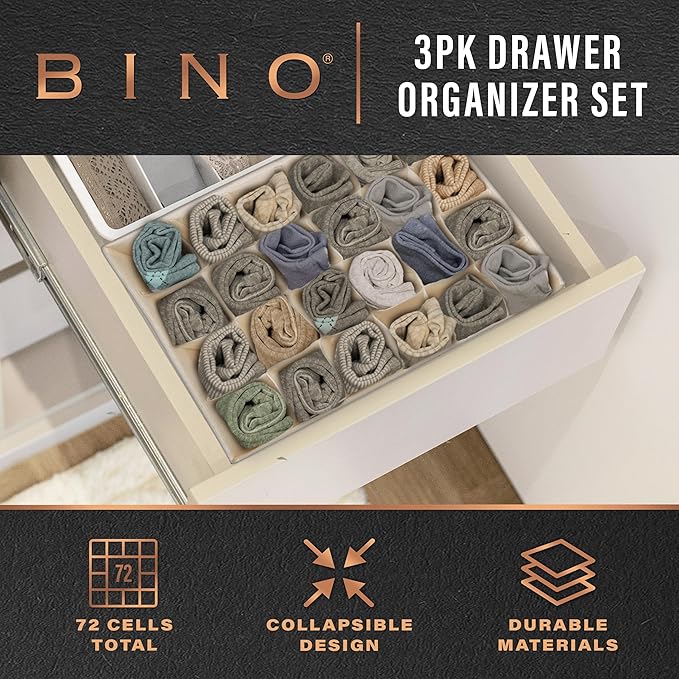 BINO 3-Pack Underwear Drawer Organizer - Beige | Sock Organizer | Drawer Organizer Dresser | Interior Drawer Organizer Storage | Dividers Dresser Drawers | Undergarment Scarf Tie Drawer Organizer
