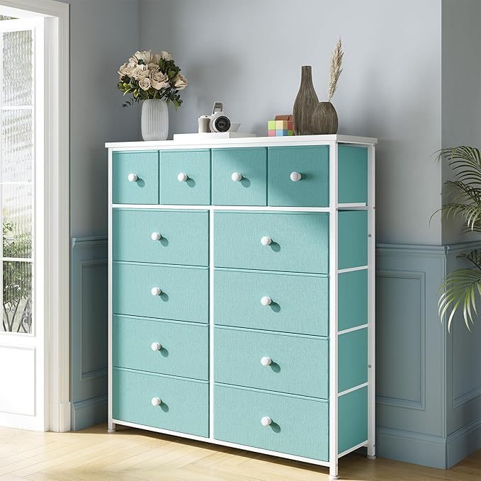 Dresser for Bedroom with 12 Drawers Tall Dressers for Bedroom Fabric Dressers & Chest of Drawers with Sturdy Metal Frame, Wood Top, for Woman, Closet, 40.6" W x 11.8" D x 44.5" H (Turquoise)