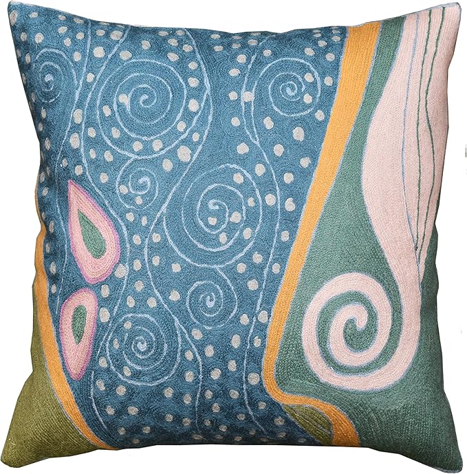 Klimt Blue Teal Modern Pillow Cover Blue - Soul | Mid Century Chair Cushions | Abstract Throw Pillows | Contemporary Pillowcase | Modern Couch Pillows | Hand Embroidered Cushion | Wool Size 18x18