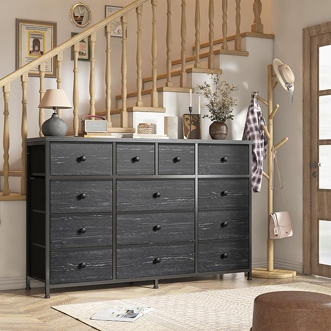 Black Dresser with 13 Fabric Dresser，Tv Stand for Bedroom for 40,50,55 inch Tv,Entertainment Center,Storage Drawers for Living Room, Hallway, Entryway 47.2" Wx 33" H X 11.8" D